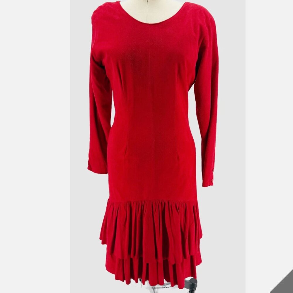 VAKKO Vtg 80s Red Suede Drop Waist Ruffle LSV Dress 6 Cowgirl Western Boho